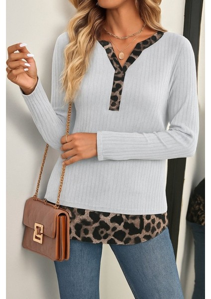 Kadın Uzun Kollu Yakadan Düğmeli Leopar Detaylı Kaşkorse Bluz modelleri
