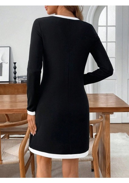 Kadın Uzun Kollu Yuvarlak V Yakalı Şerit Detaylı Modal Mini Elbise indirimleri