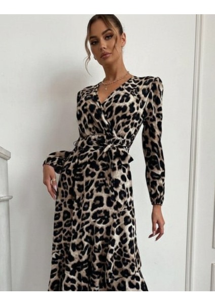 Kadın Uzun Kollu Kruvaze Yaka Yandan Bağlamalı Önden Fırfır Detaylı Süprem Uzun Elbise fiyatları