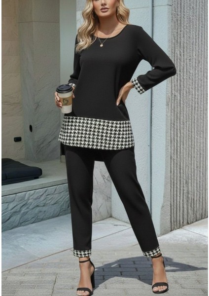 Kadın Uzun Kollu Yuvarlak Yakalı Kaz Ayağı Detaylı Viskon Iki Iplik Bluz ve Pantolon Ikili Takım