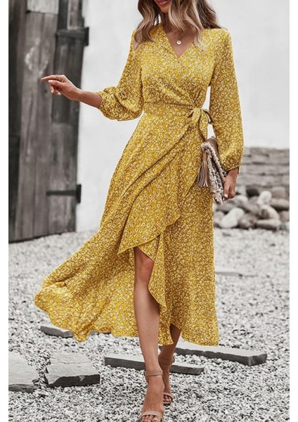 Kadın Uzun Kollu Kruvaze Yaka Yandan Bağlamalı Önden Fırfır Detaylı Süprem Uzun Elbise