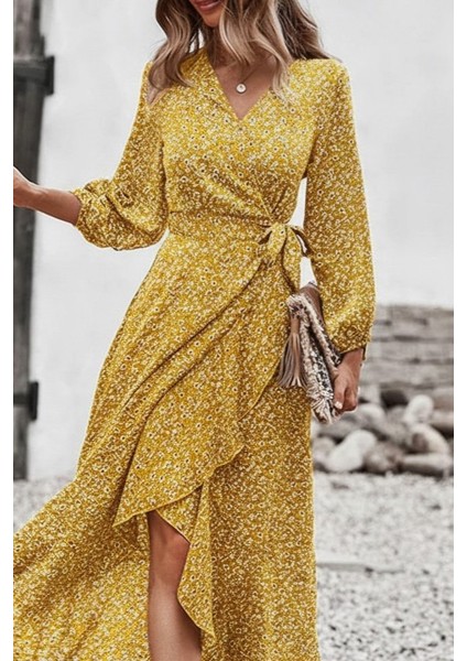 Kadın Uzun Kollu Kruvaze Yaka Yandan Bağlamalı Önden Fırfır Detaylı Süprem Uzun Elbise fiyatları