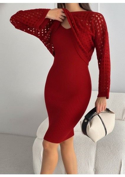 Kadın Uzun Kollu Delikli Kazak Askılı Elbise Triko Ikili Takım