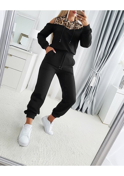 Kadın Uzun Kollu Omuzlardan Açık Leopar Desenli Kapşonlu Viskon Iki Iplik Bluz ve Pantolon Ikili Takım fiyatları
