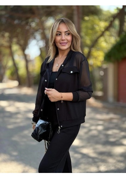 Kadın Uzun Kollu Tül Detaylı Önü Düğmeli Viskon Iki Iplik Ceket ve Pantolon Ikili Takım modelleri