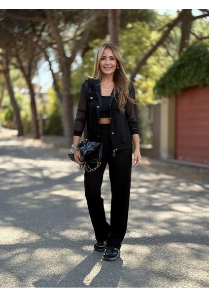 Kadın Uzun Kollu Tül Detaylı Önü Düğmeli Viskon Iki Iplik Ceket ve Pantolon Ikili Takım fırsatları