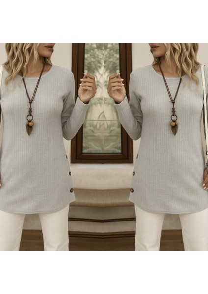 Kadın Uzun Kollu Yuvarlak Yaka Yandan Yırtmaçlı Düğmeli Şardonlu Kaşkorse Bluz modelleri