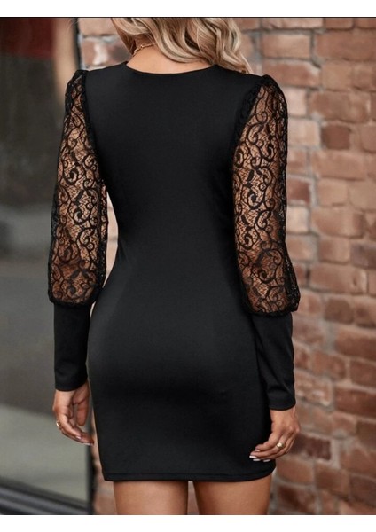 Kadın Uzun Kollu Kruvaze Yaka Kollar Tül Detay Krep Mini Boy Elbise fiyatları