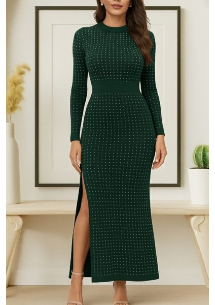 Kadın Uzun Kollu Bisiklet Yaka Taşlı Midi Kadife Elbise modelleri