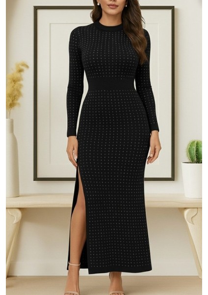 Kadın Uzun Kollu Bisiklet Yaka Taşlı Midi Kadife Elbise modelleri