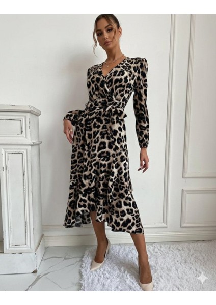 Kadın Uzun Kollu Kruvaze Yaka Yandan Bağlamalı Önden Fırfır Detaylı Süprem Uzun Elbise