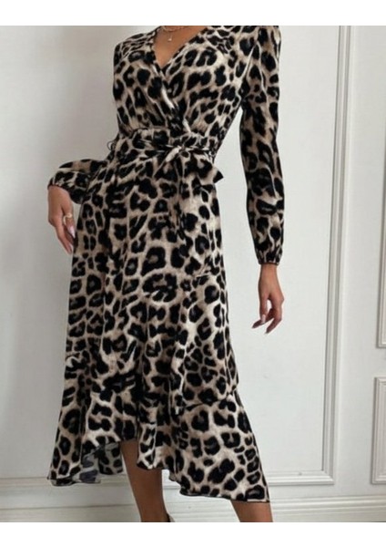 Kadın Uzun Kollu Kruvaze Yaka Yandan Bağlamalı Önden Fırfır Detaylı Süprem Uzun Elbise modelleri