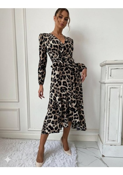 Kadın Uzun Kollu Kruvaze Yaka Yandan Bağlamalı Önden Fırfır Detaylı Süprem Uzun Elbise fırsatları