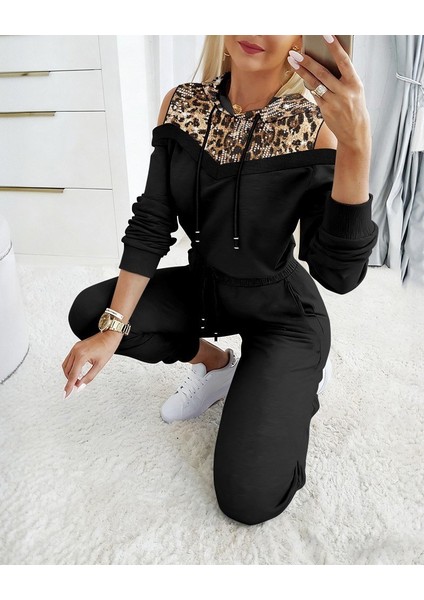 Kadın Uzun Kollu Omuzlardan Açık Leopar Desenli Kapşonlu Viskon Iki Iplik Bluz ve Pantolon Ikili Takım modelleri