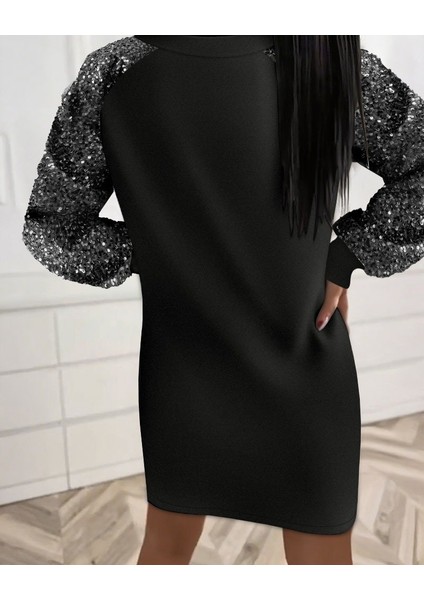 Kadın Uzun Kollu Pulpayetli Bağcıklı Cep Detaylı Mini Viskon Iki Iplik Elbise modelleri