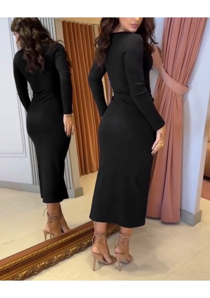 Kadın Uzun Kollu Kruvaze Yaka Yandan Toka Detaylı Önden Çapraz Detaylı Ottoman Elbise fırsatları