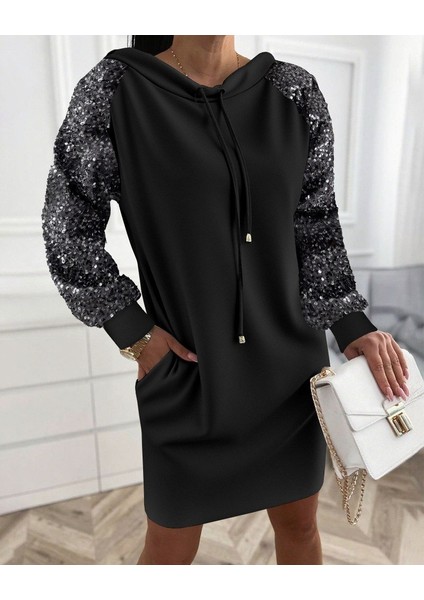 Kadın Uzun Kollu Pulpayetli Bağcıklı Cep Detaylı Mini Viskon Iki Iplik Elbise