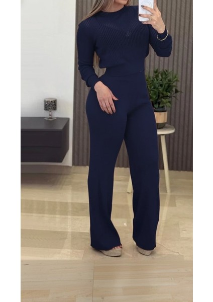 Kadın Uzun Kollu Yuvarlak Yaka Transparan Detaylı Triko Bluz ve Pantolon Ikili Takım