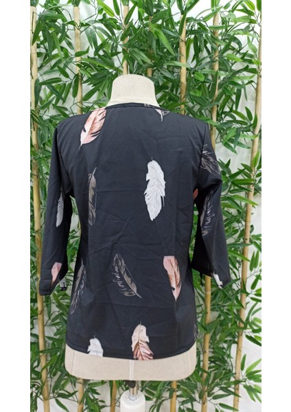 Kadın Yaprak Baskı Ayarlanabilir Truvakar Kol Süper Soft Bluz