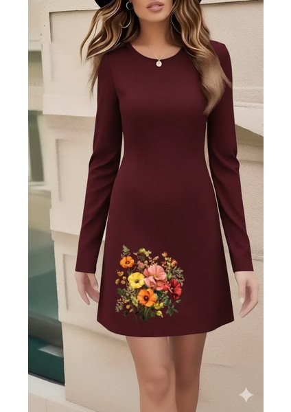 Kadın Uzun Kollu Bisiklet Yaka Çiçek Desenli Mini Dalgıç Elbise fırsatları