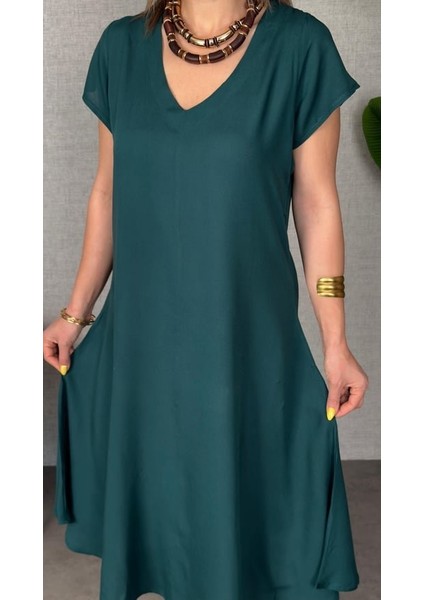 Kadın Kısa Kollu V Yaka Salaş Maxi Boy Elbise modelleri