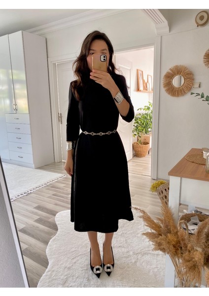 Kadın Uzun Truvakar Kol Bisiklet Yaka Midi Modal Elbise