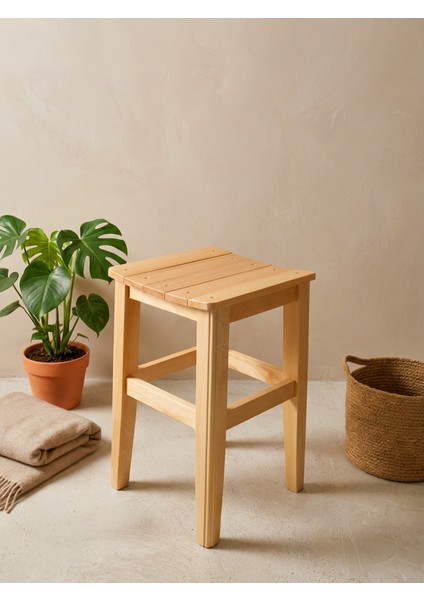 Ahşap Tabure 45 cm – %100 Doğal Ahşap, El İşçiliği, Montajsız, Çok Amaçlı