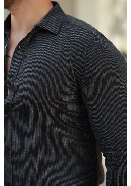 Erkek Çizgi Desenli Uzun Kollu Pamuklu Keten Gömlek modelleri