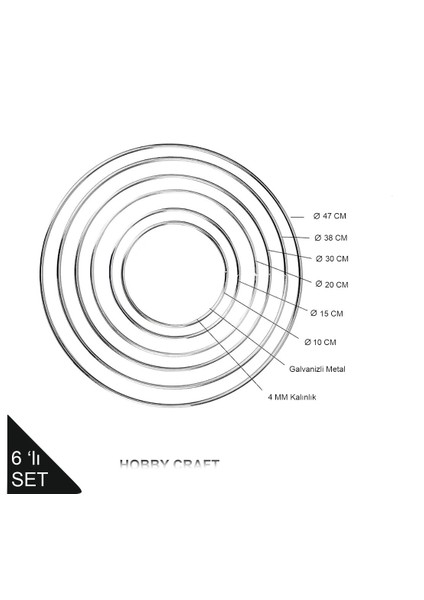 Metal Makrome Halka Seti 6'lı – Boyasız Ham Renk 10, 15, 20, 30, 38 ve 47 cm Çaplarında, Kapı Süsü, Duvar Dekoru, Dreamcatcher ve Dıy Tasarımlar Için Dayanıklı, Paslanmaz Premium Metal Çember Seti