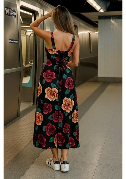 Kadın Askılı Geniş V Yakalı Sırttan Bağlamalı Yırtmaçlı Süprem Elbise fiyatları