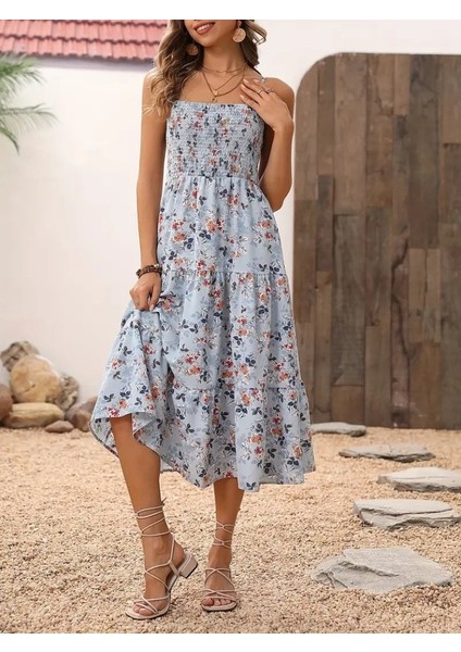 Kadın Ip Askılı Geniş V Yakalı Desenli Uzun Süprem Elbise