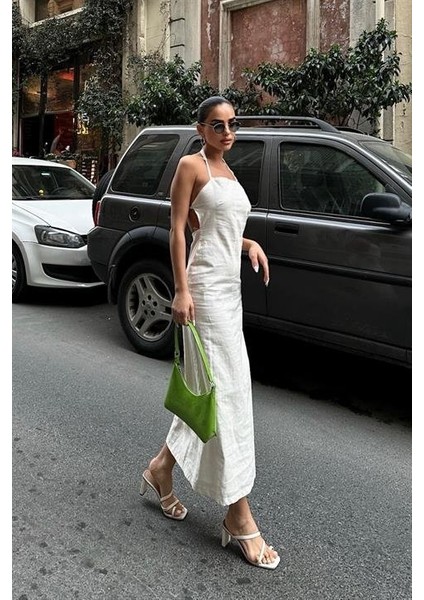 Trisha Sırt Dekolteli Keten Elbise 2496-20 Elbise