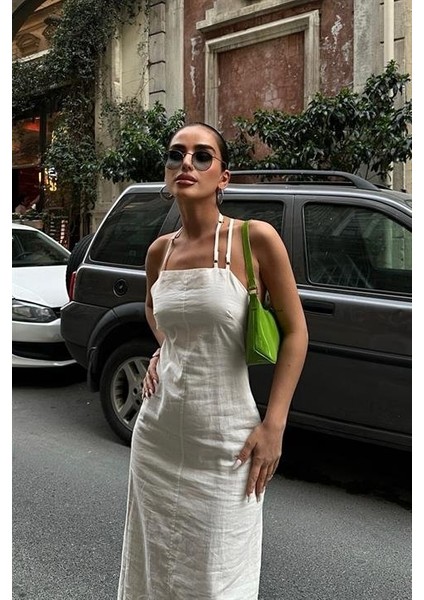 Trisha Sırt Dekolteli Keten Elbise 2496-20 Elbise