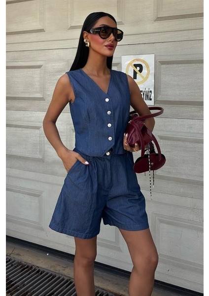 Gümüş Düğmeli Yelek ve Şort Tensel Takım 10174