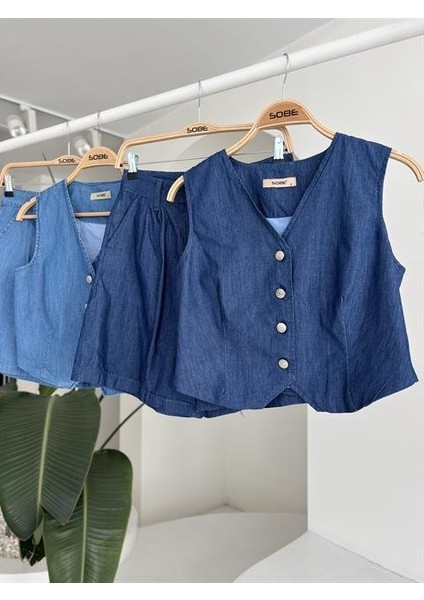 Gümüş Düğmeli Yelek ve Şort Tensel Takım 10174