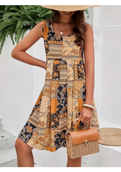 Kadın Sıfır Kol Yuvarlak Yaka Çiçek Desenli Süprem Elbise