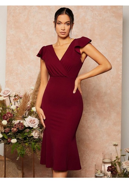 Kadın Kısa Kelebek Kollu Kruvaze Yaka Ithal Krep Midi Elbise
