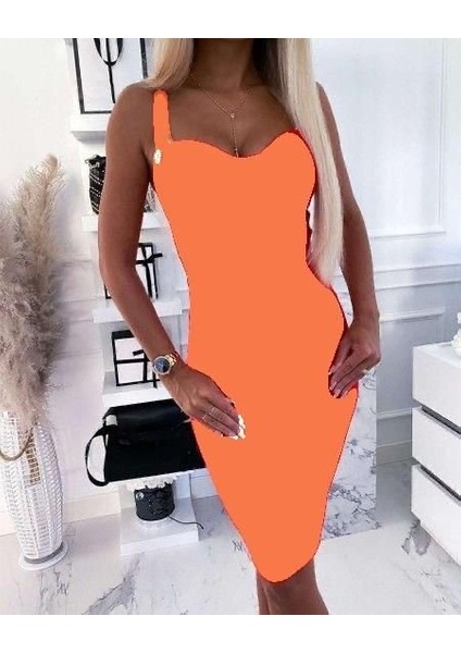 Kadın Dalgıç Kumaş Düğmeli Fermuarlı Askılı Elbise