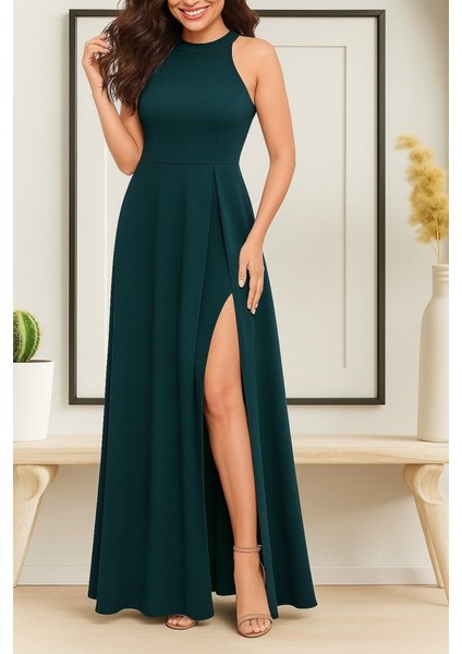 Kadın Kolsuz Halter Yaka Derin Yırtmaç Detaylı Tam Boy Ithal Krep Elbise