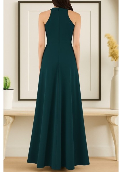 Kadın Kolsuz Halter Yaka Derin Yırtmaç Detaylı Tam Boy Ithal Krep Elbise fiyatları