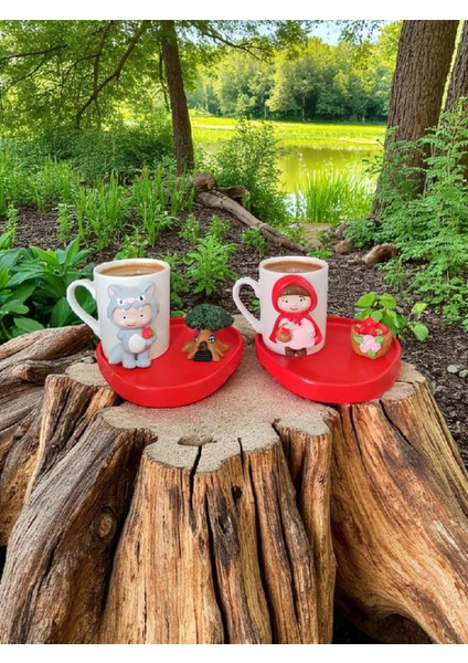 Kırmızı Başlıklı Kız & Kurt Temalı Ikili Kahve Fincan Takımı – El Yapımı 2'li Özel Tasarım Sunum Seti fırsatları
