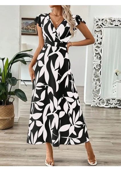 Kadın Kısa Kelebek Kollu Kruvaze Yaka Desenli Süprem Elbise indirimleri