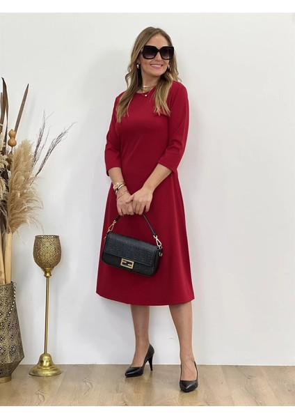 Kadın Uzun Truvakar Kol Bisiklet Yaka Midi Modal Elbise modelleri