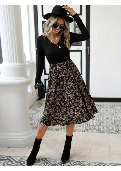 Kadın Uzun Kollu V Yakalı Üst Viskon Alt Çiçek Desenli Süprem Kısa Elbise fiyatları