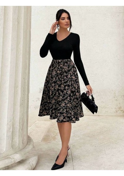 Kadın Uzun Kollu V Yakalı Üst Viskon Alt Çiçek Desenli Süprem Kısa Elbise