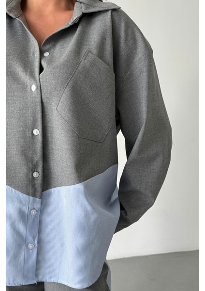 Polyviskon - Poplin Parçalı Gömlek Pantolon Takım - Gri modelleri