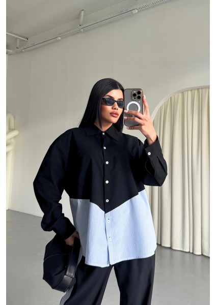 Polyviskon - Poplin Parçalı Gömlek Pantolon Takım - Siyah fiyatları