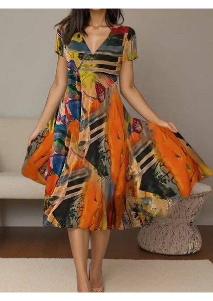 Kadın Kısa Kollu V Yaka Renkli Karışık Desen Kloş Süprem Midi Elbise