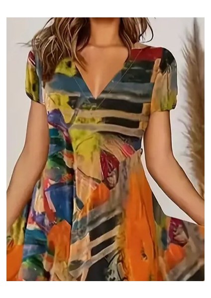 Kadın Kısa Kollu V Yaka Renkli Karışık Desen Kloş Süprem Midi Elbise fiyatları