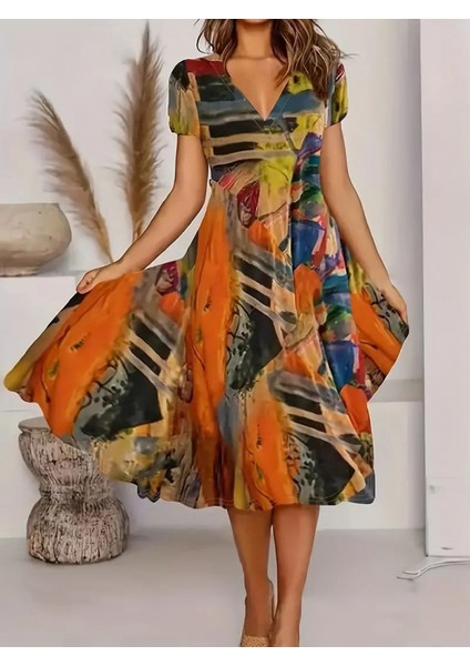 Kadın Kısa Kollu V Yaka Renkli Karışık Desen Kloş Süprem Midi Elbise modelleri